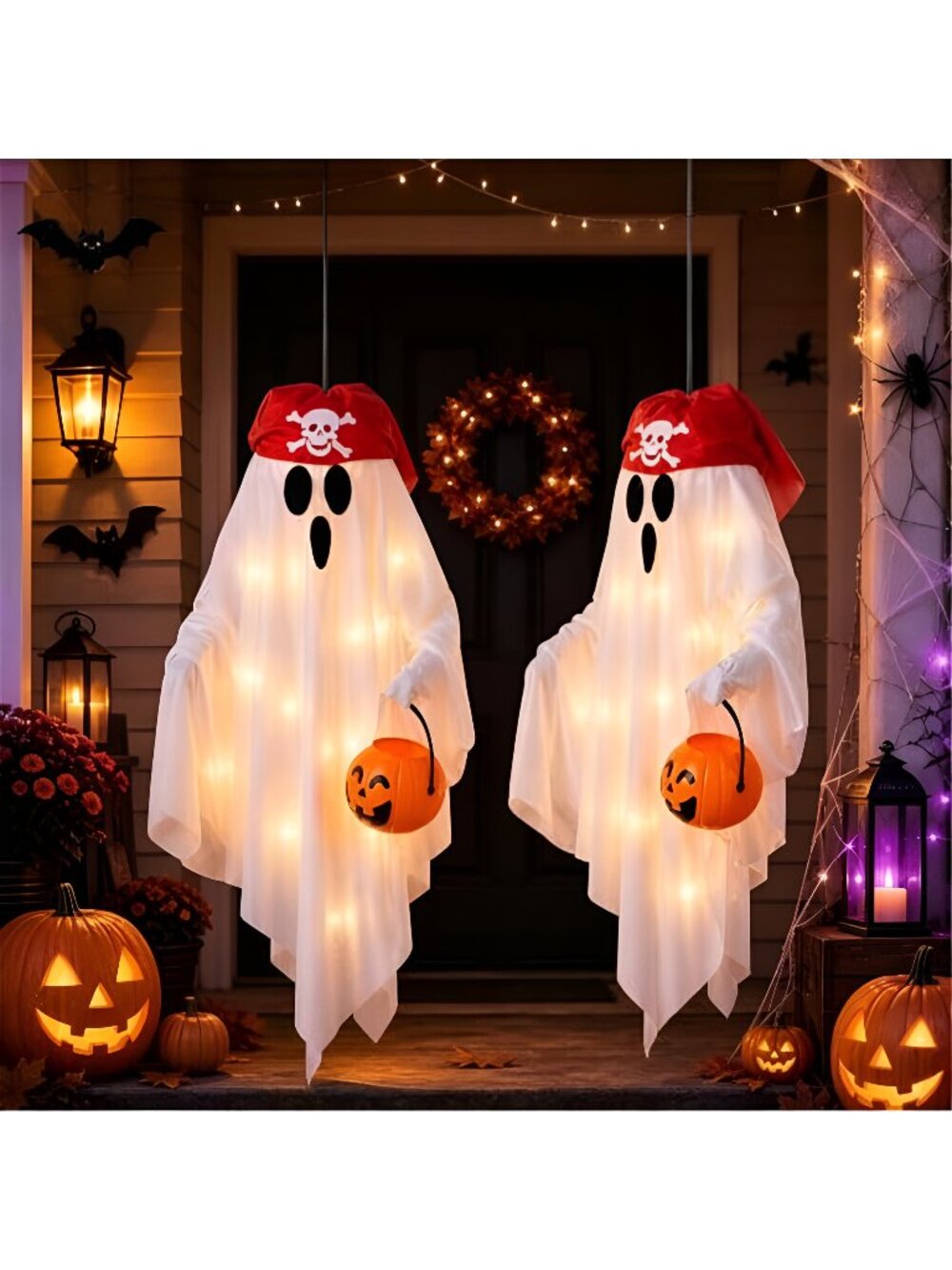 2 Pack Hanging Pirate Ghost Decorations with Lights for Halloween